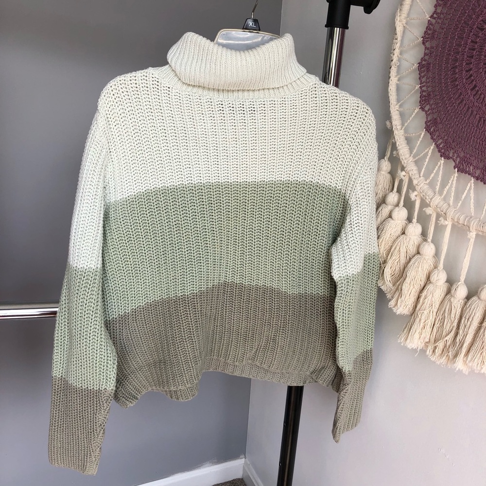 Chunky Knit Color Block Green Turtleneck Size M - image 1